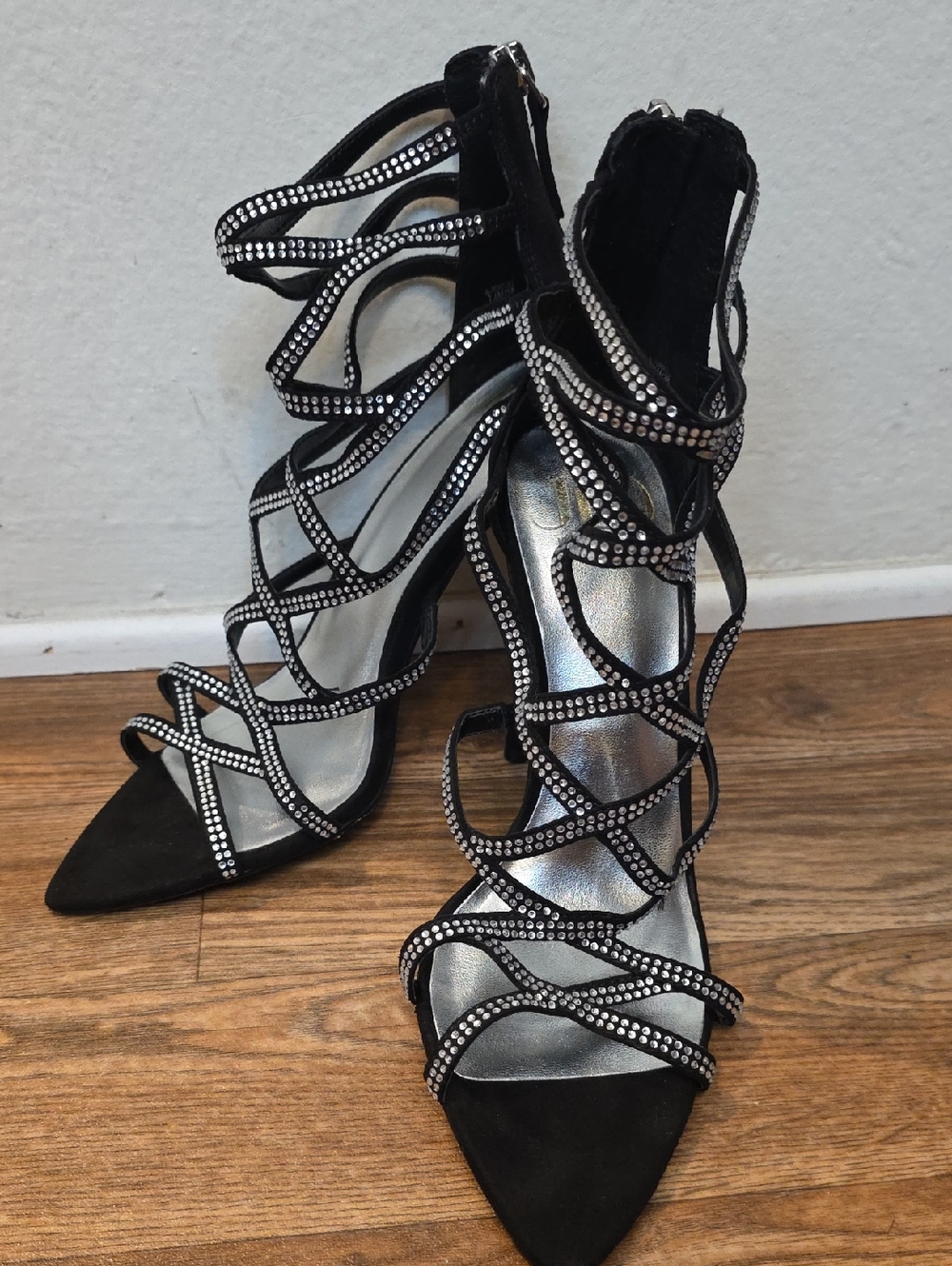 Jlo Black Strappy Rhinestone High Heel Sandals - Women